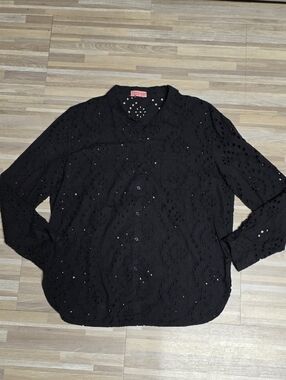 ☔️🔺️Coco & Shay Black Embroider Eyelet Button Front Long Sleeve Top Large